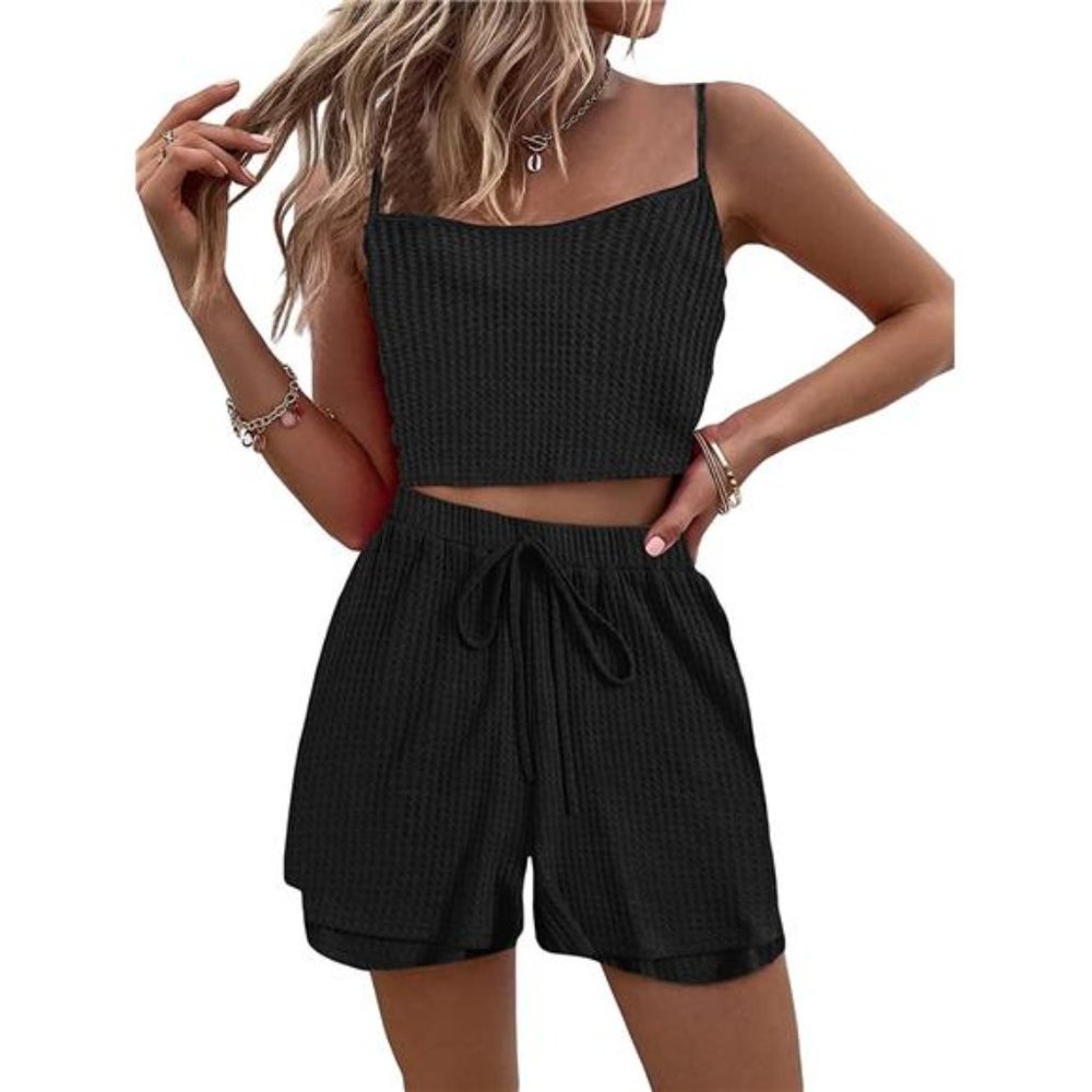 OYOANGLE Women's Casual 2 Piece Outfits Sets Solid Round Neck Crop Tank Top and
